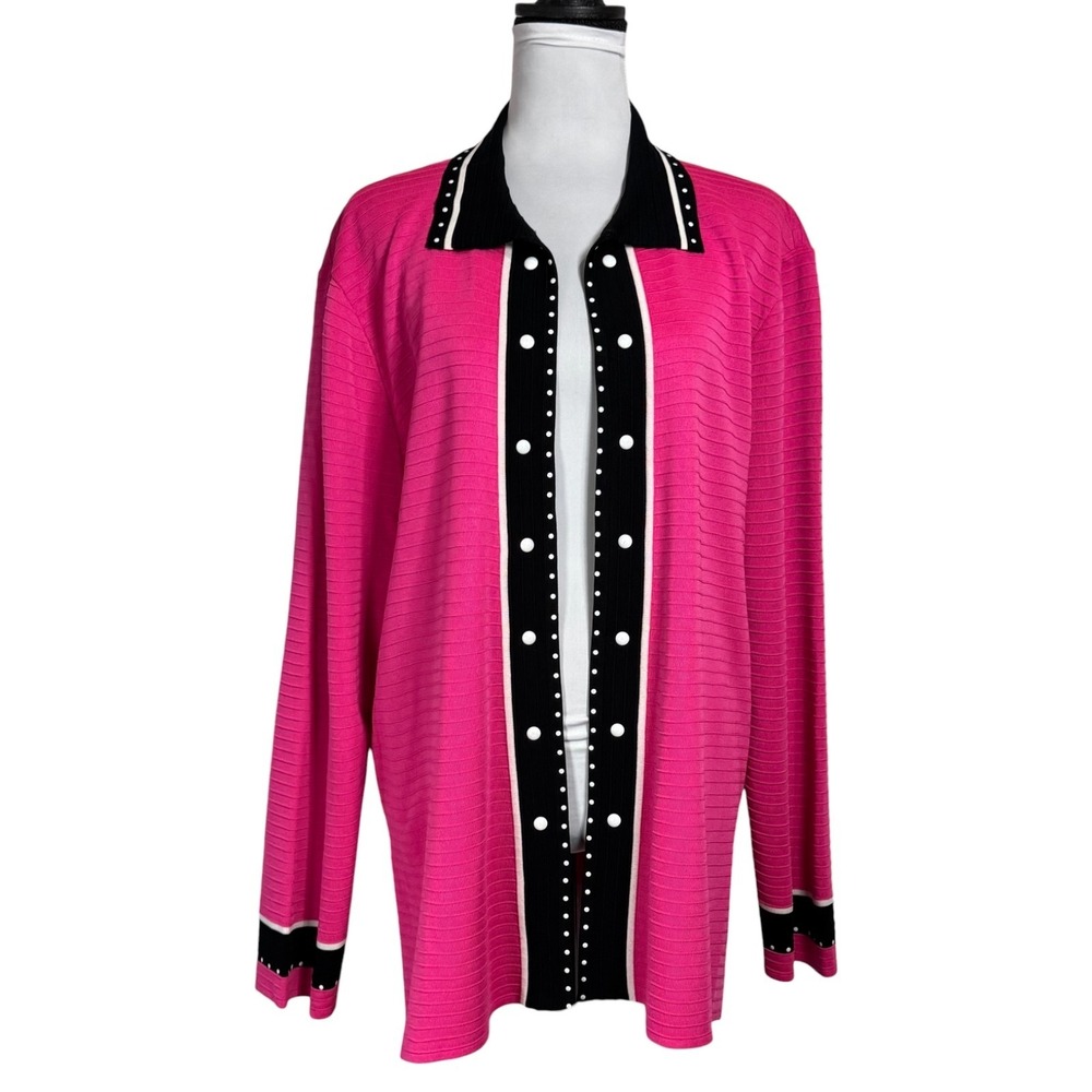Toula Slinky Knit Jacket Cardigan 1X Hot Pink Black Contrast Trim Colorblock